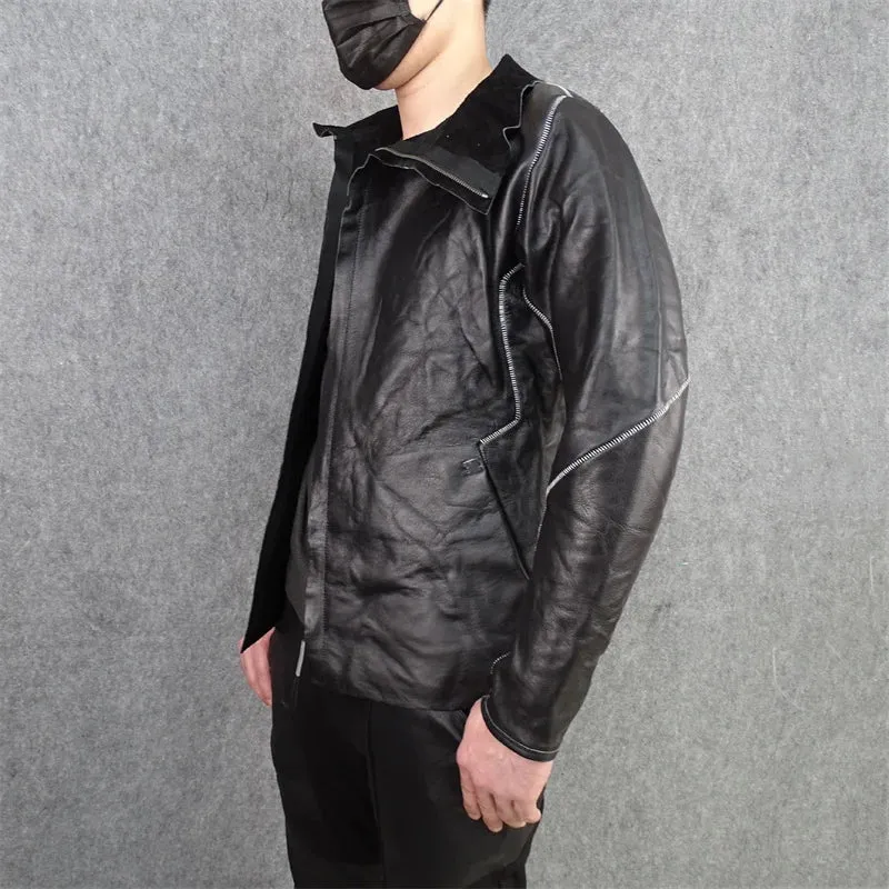Men's Slim Pleated Asymmetrical Gothic Leather Jacket - Handmade Designer Clothes