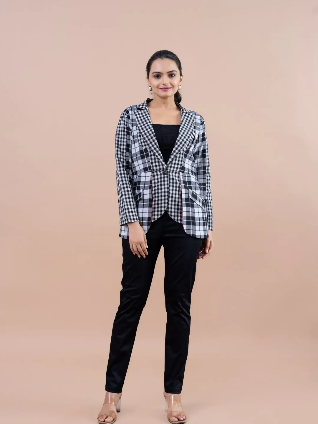 modish yarn dyed cotton checked stylized lapel collared jacket with 3\4 sleeve and handy pockets.- Black