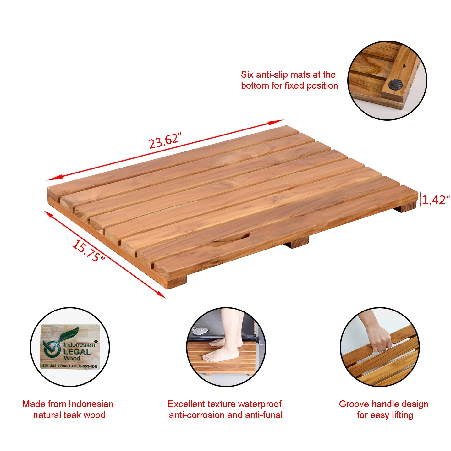 Non Slip Luxury Spa Solid Teak Bath Mat Indoor/Outdoor Shower Mat Large Floor Mat
