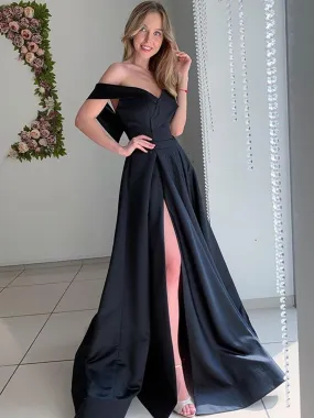 Off Shoulder Black Satin Long Prom with High Slit, Black Formal Graduation Evening