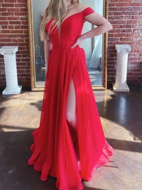 Off Shoulder Open Back Red Long Prom with High Slit, Off the Shoulder Red Formal, Red Evening