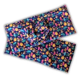 Premium, wide turban style comfy wide jersey knit headband, tropical holiday on navy
