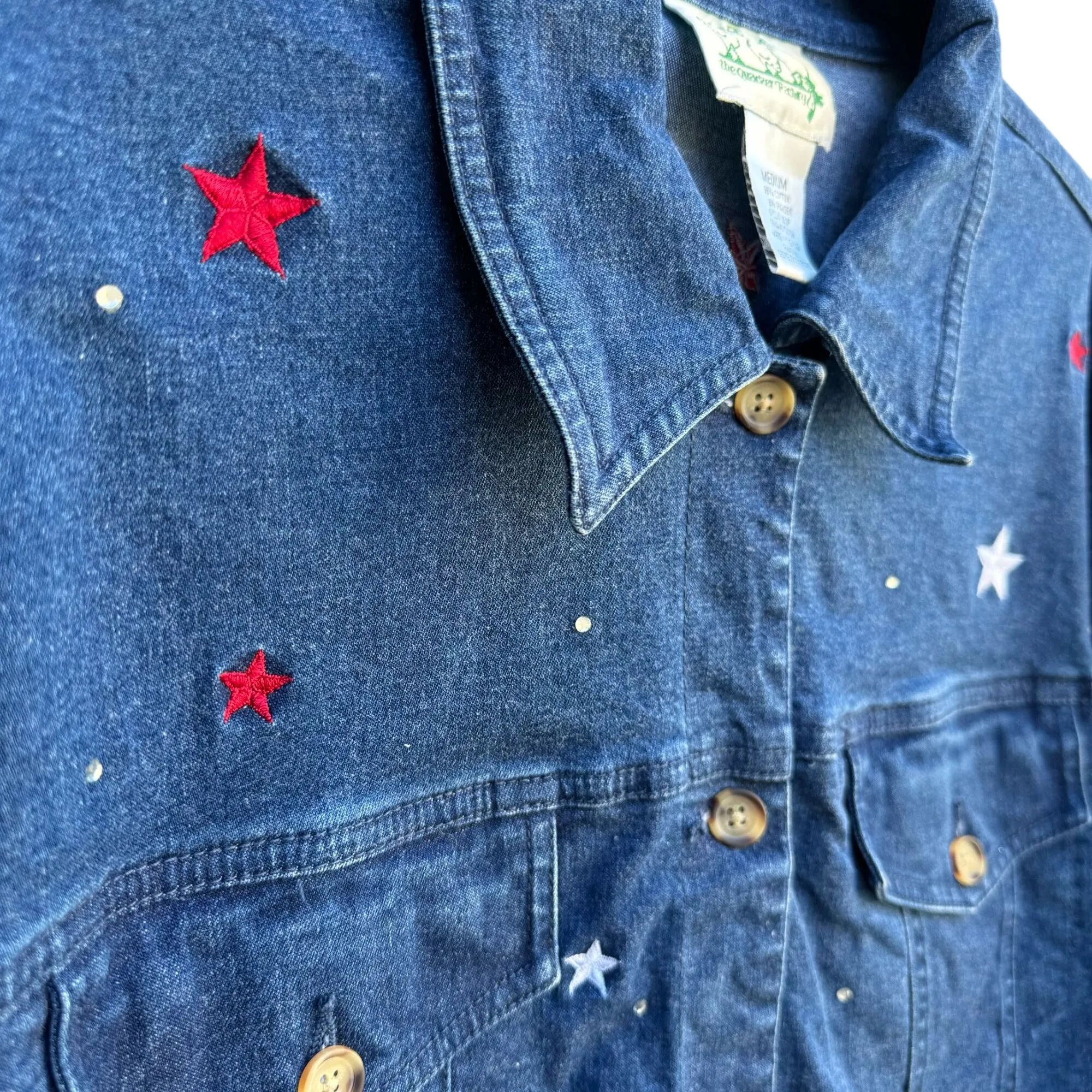 Quacker Factory Vintage Women's Denim Embroidered Stars and Rhinestones Jacket