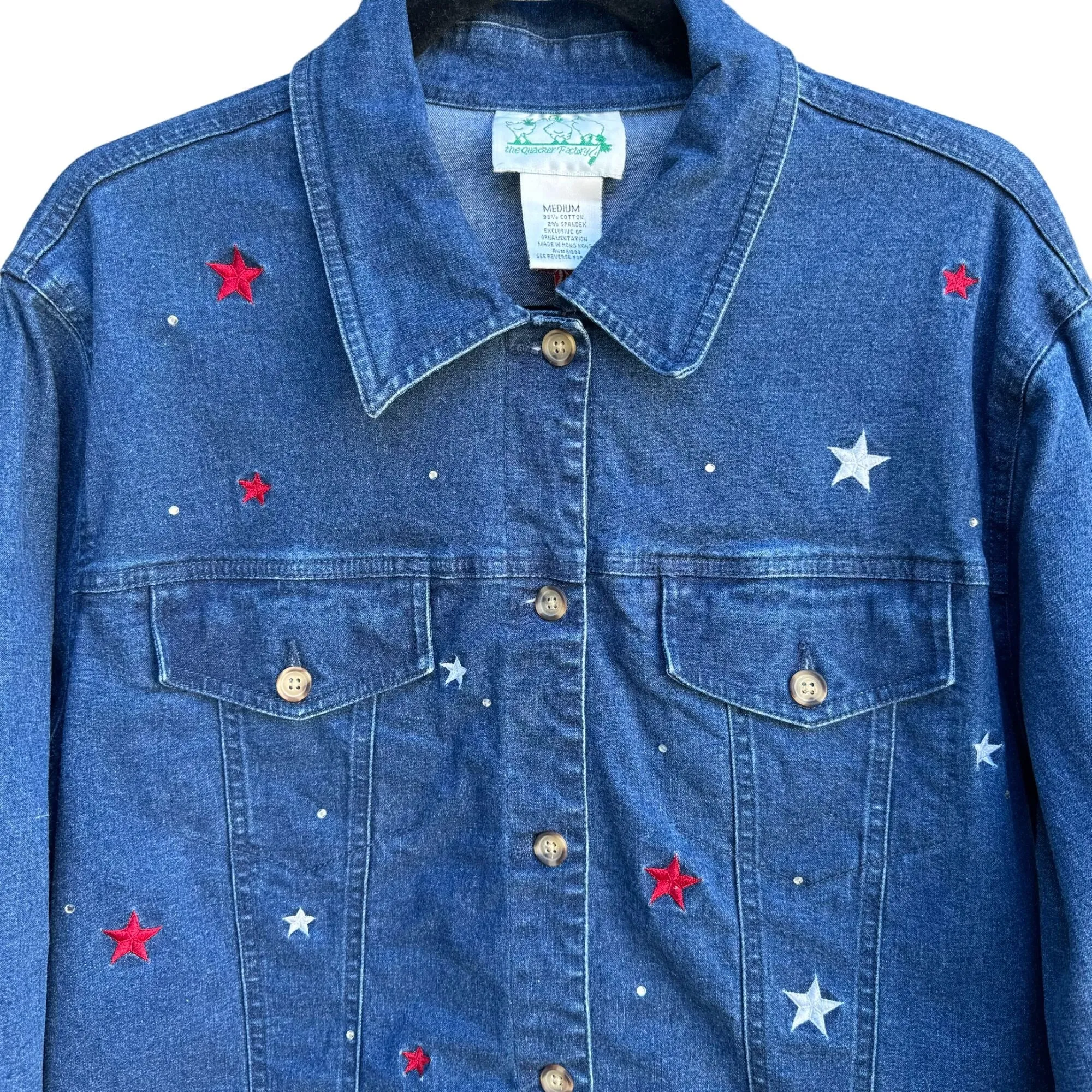 Quacker Factory Vintage Women's Denim Embroidered Stars and Rhinestones Jacket
