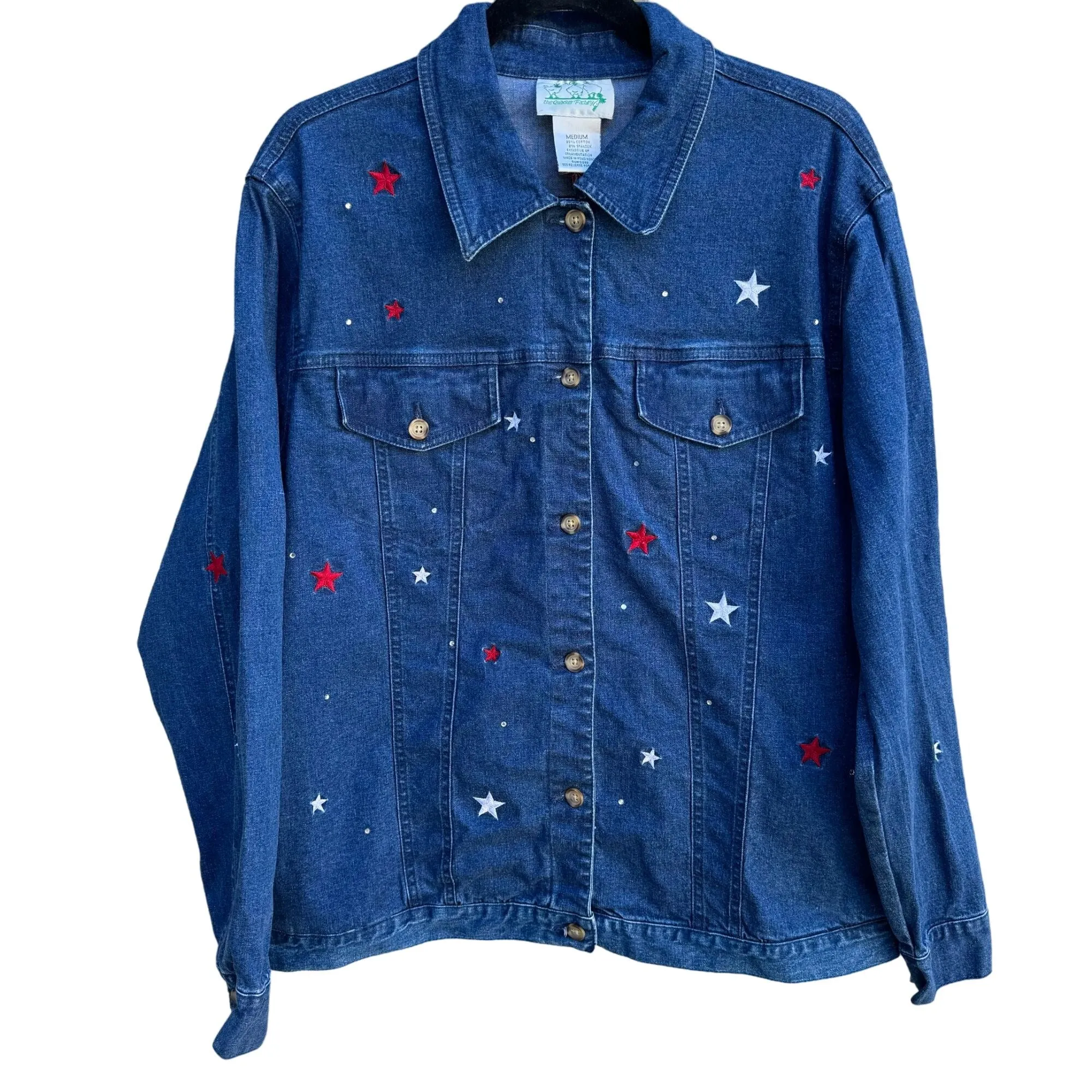 Quacker Factory Vintage Women's Denim Embroidered Stars and Rhinestones Jacket