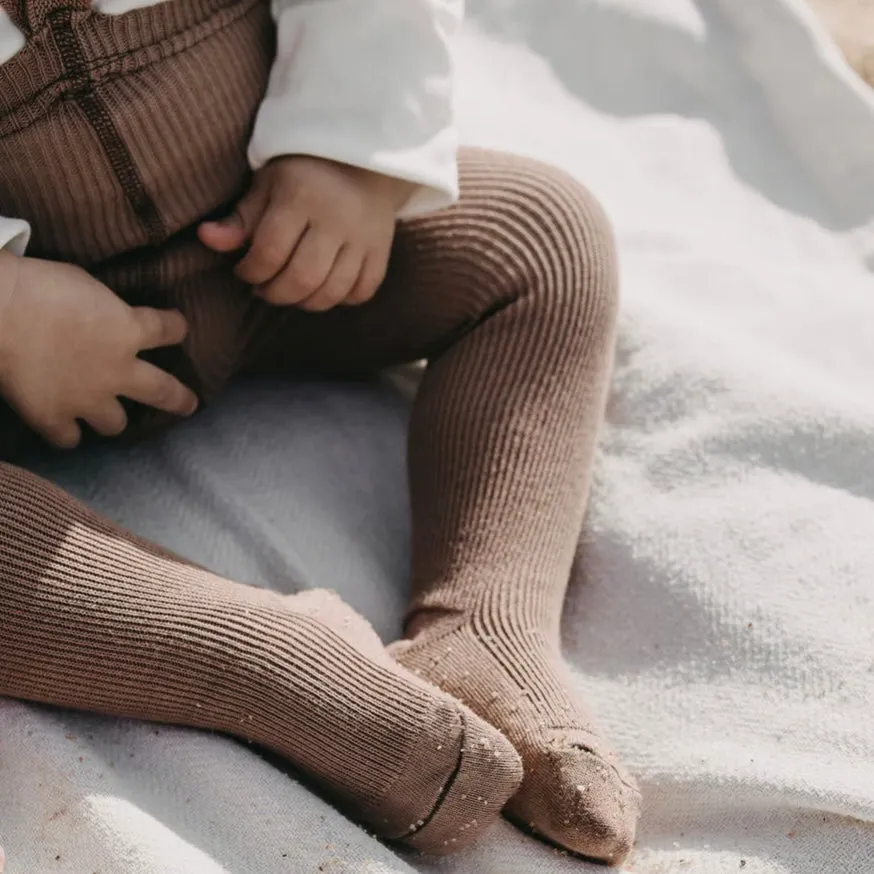 Retro Ribbed Footed Tights - Granola