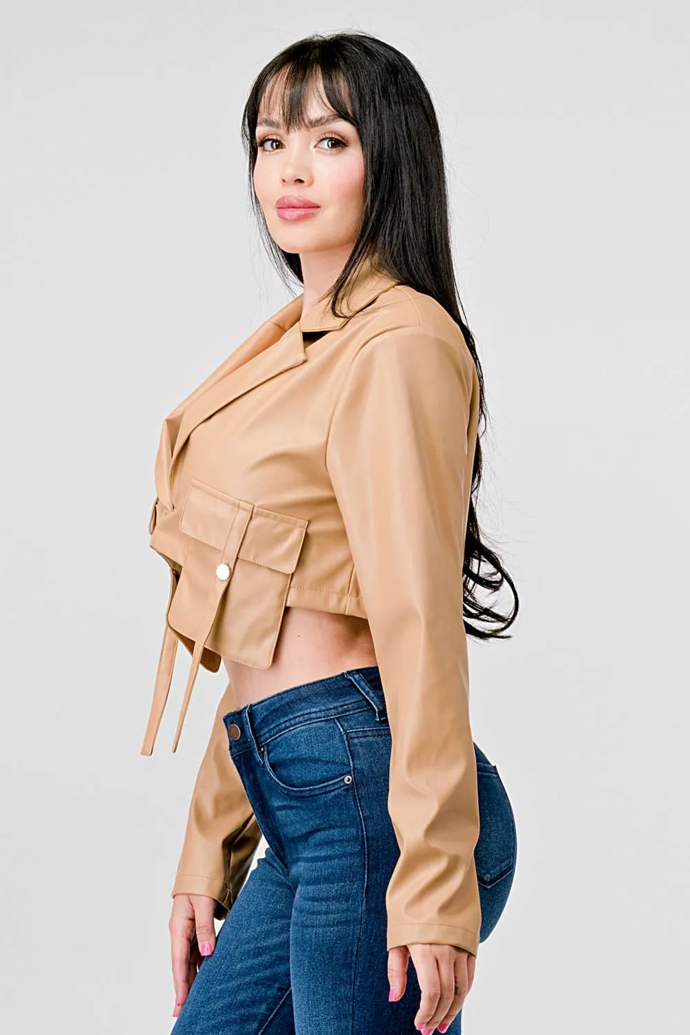 SEXY FAUX LEATHER CROPPED LONG SLEEVE JACKET