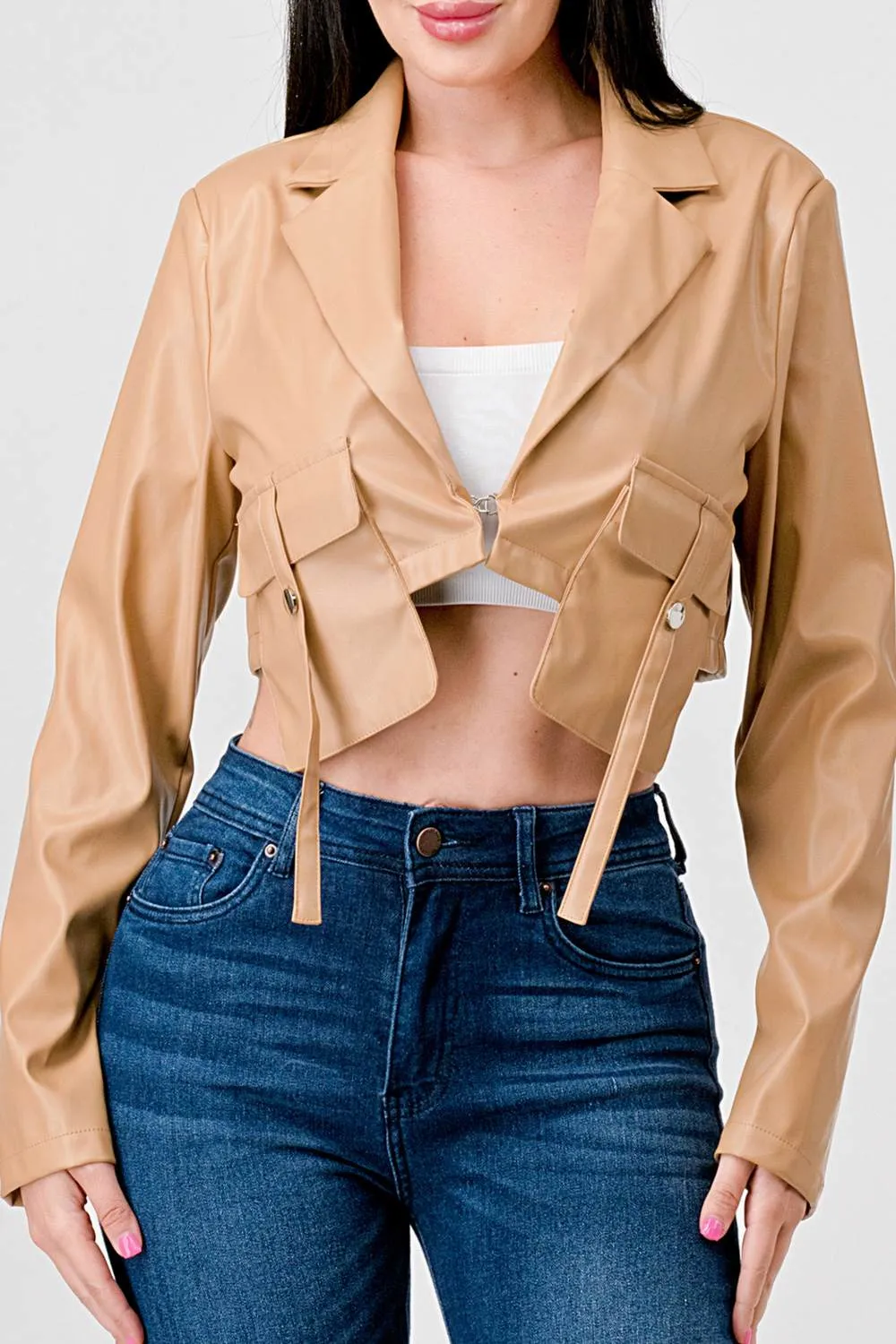 SEXY FAUX LEATHER CROPPED LONG SLEEVE JACKET