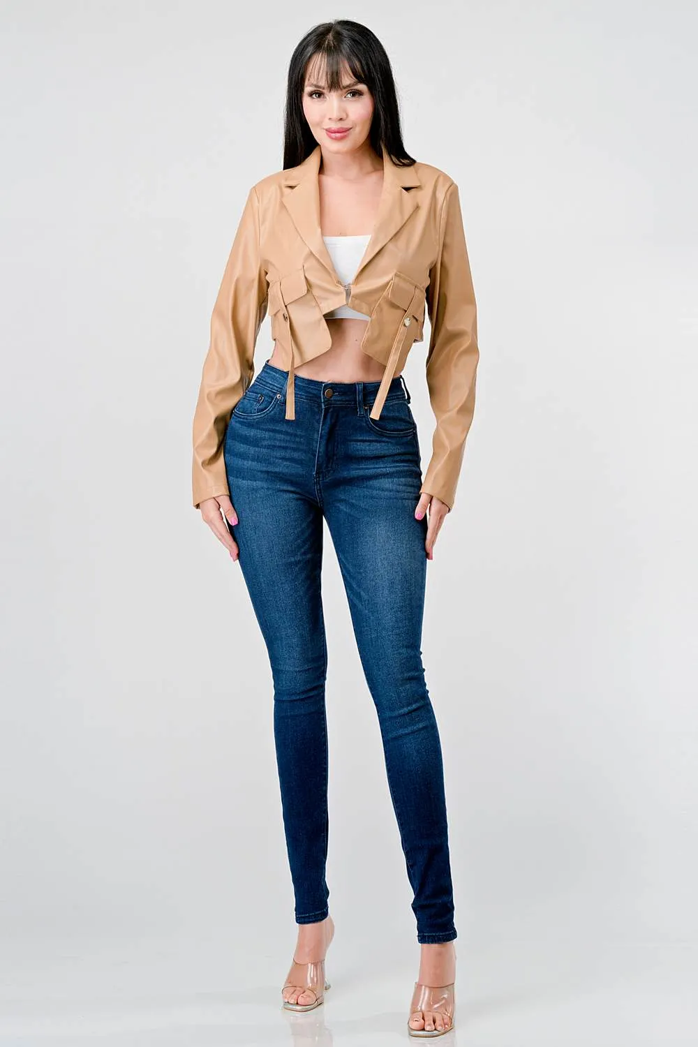 SEXY FAUX LEATHER CROPPED LONG SLEEVE JACKET