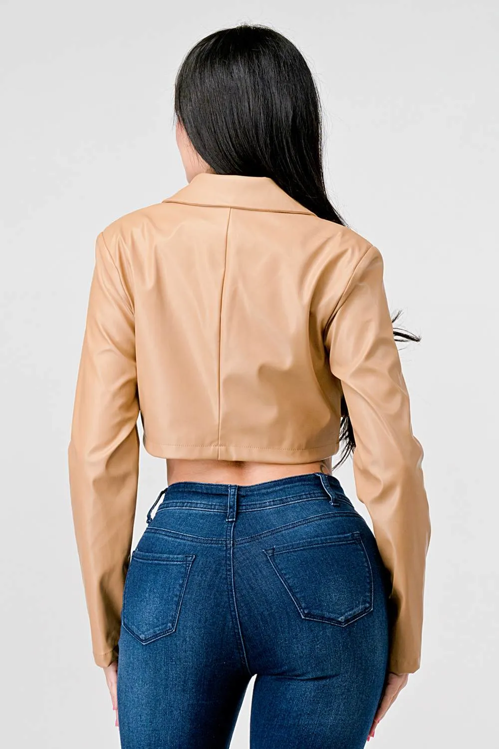 SEXY FAUX LEATHER CROPPED LONG SLEEVE JACKET