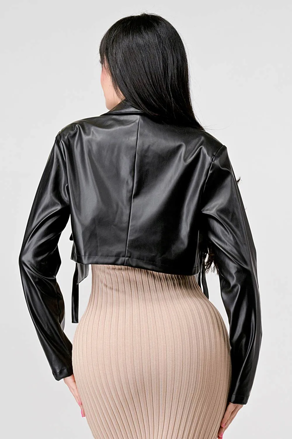 SEXY FAUX LEATHER CROPPED LONG SLEEVE JACKET