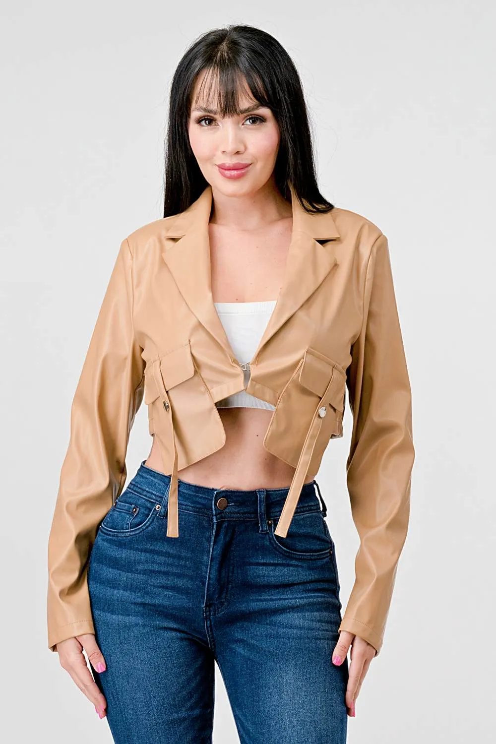 SEXY FAUX LEATHER CROPPED LONG SLEEVE JACKET