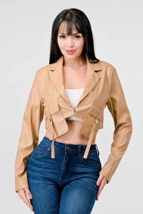 SEXY FAUX LEATHER CROPPED LONG SLEEVE JACKET