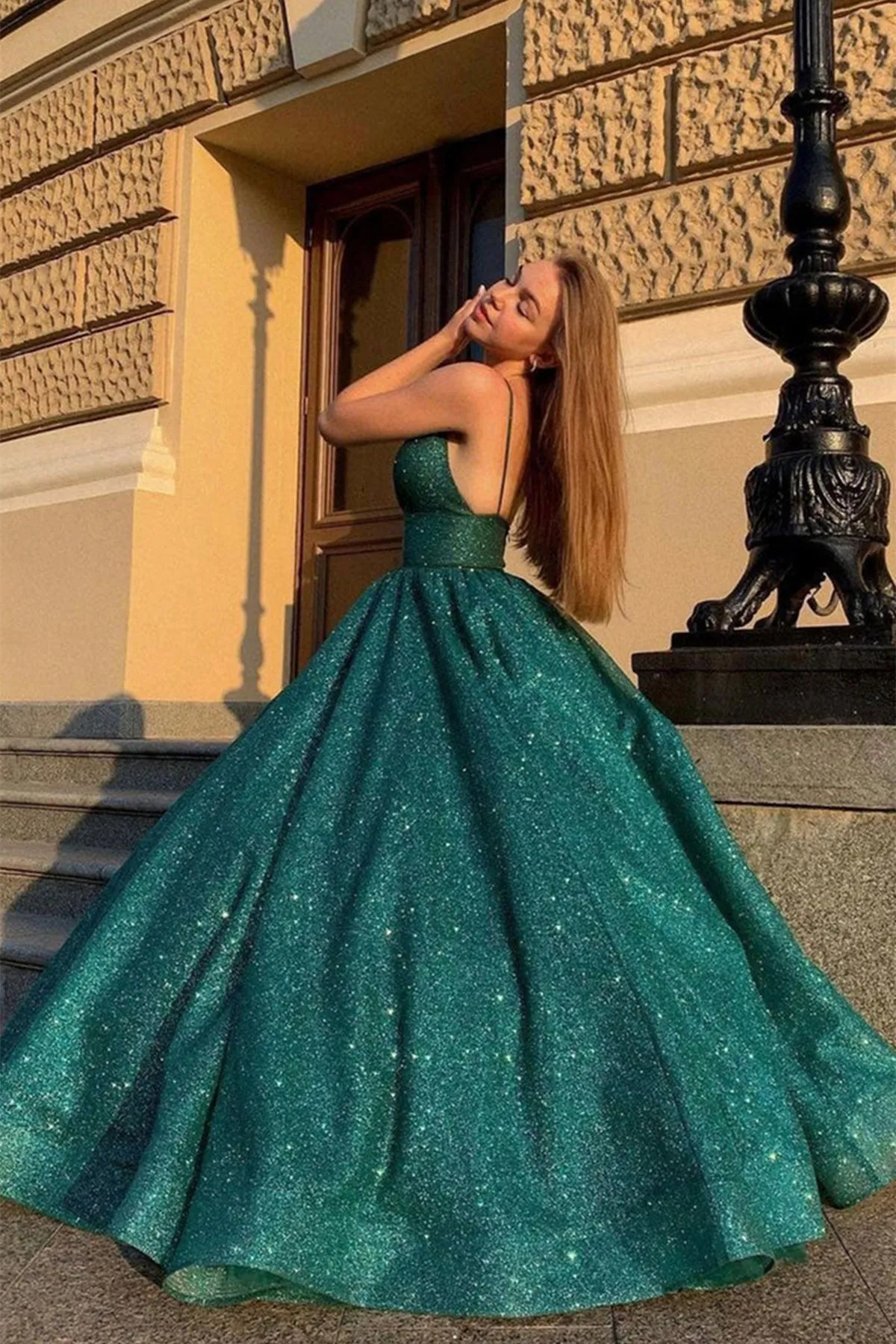 Shiny V Neck Dark Green Long Prom Dress, Sparkly Dark Green Formal Graduation Evening Dress A1442