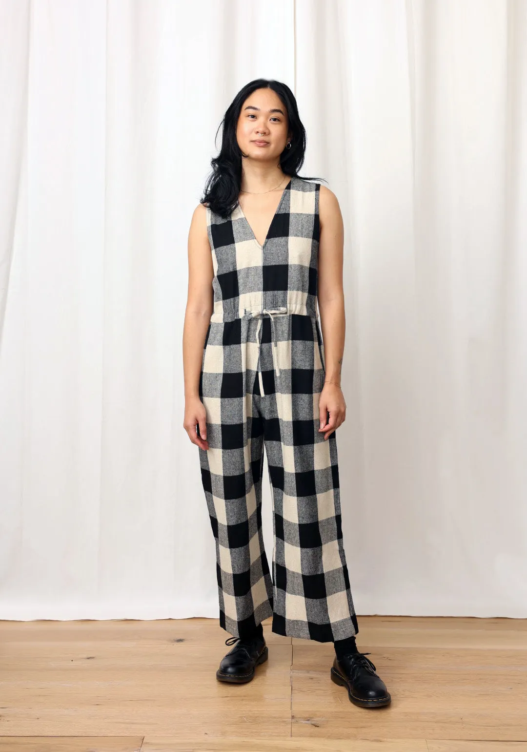 SILK SLIT-BACK JUMPER - BLACK/CREAM PLAID