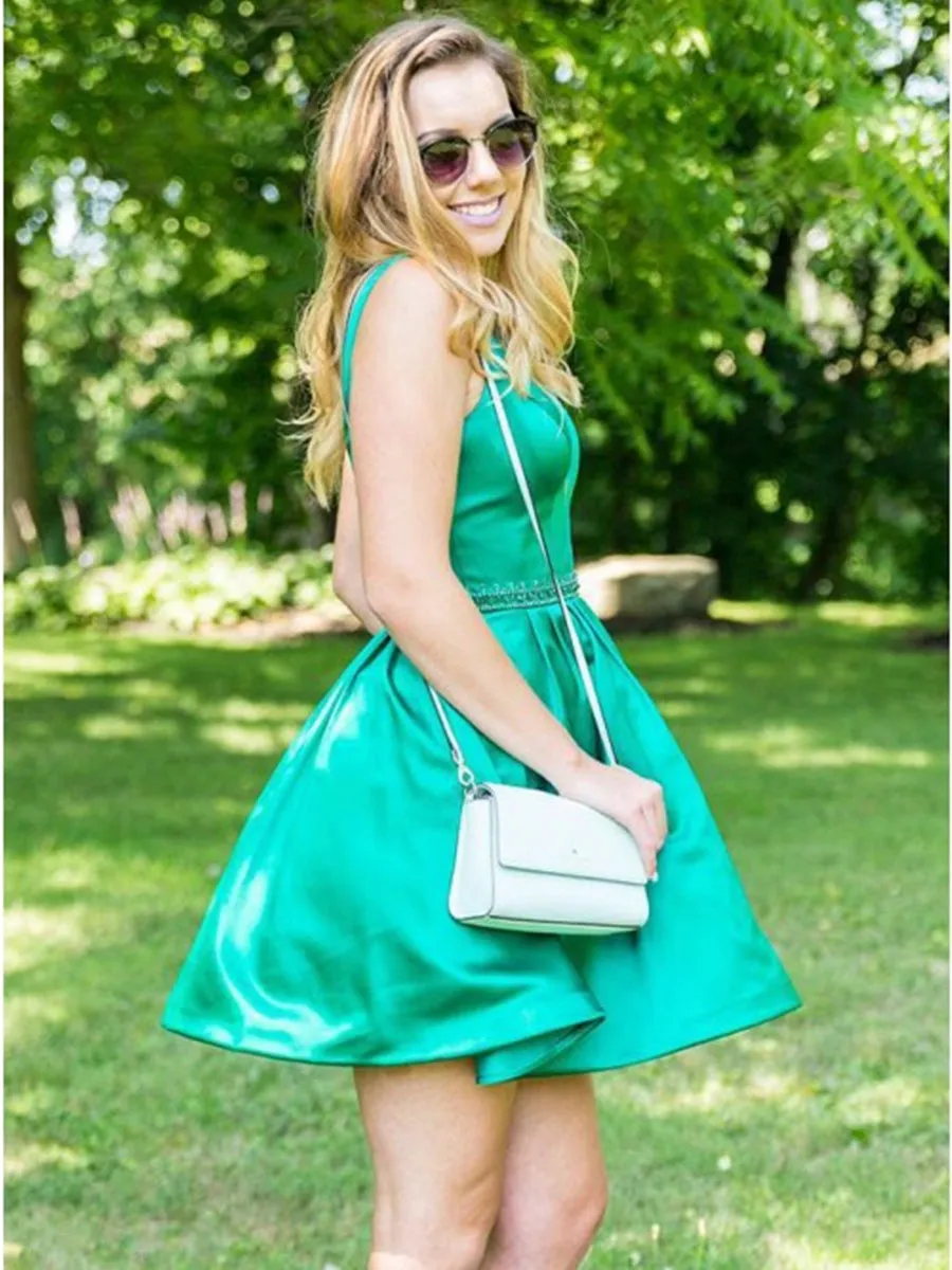 Simple Green Round Neck Satin Short Prom, Cute Green Homecoming, Green Formal, Evening
