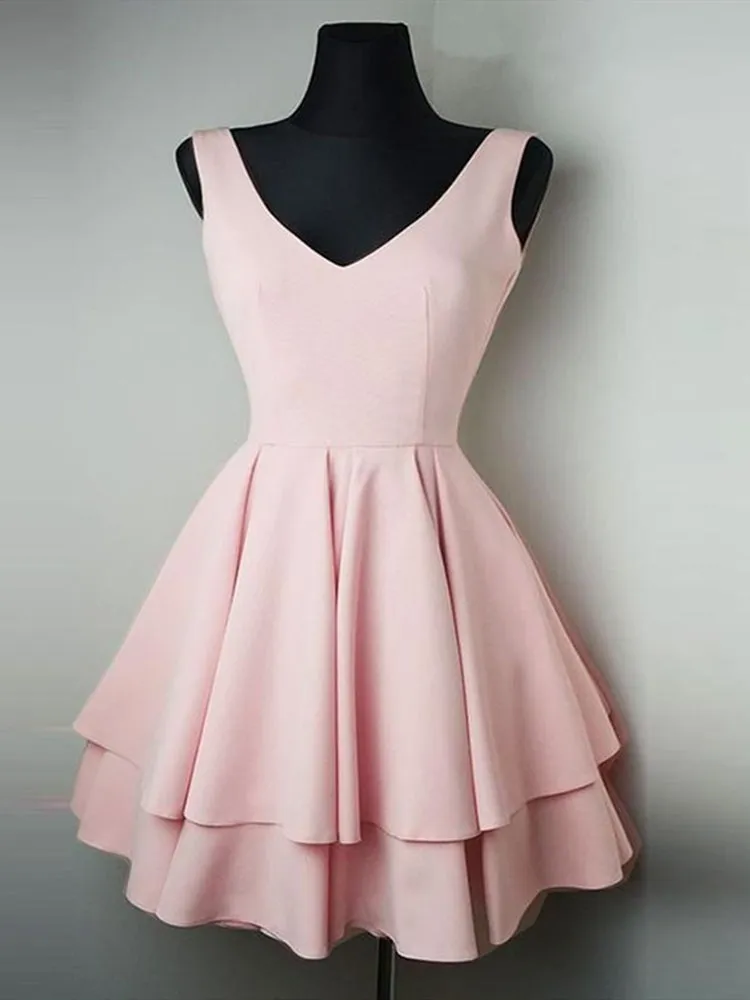 Simple V Neck Pink Homecoming Short Prom Online, Cute Pink Graduation, Formal, Evening