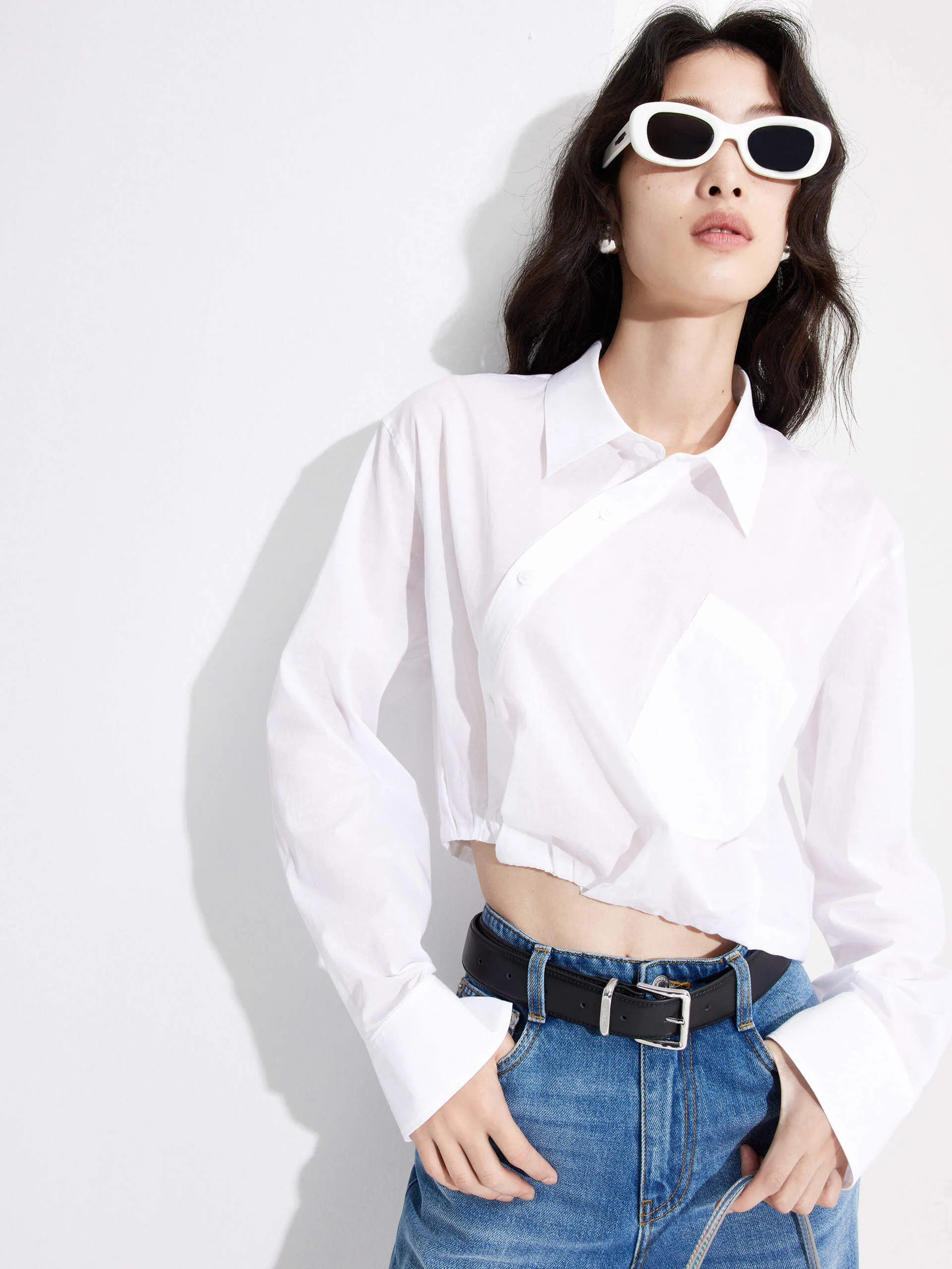 Slanted Placket Cropped Shirt