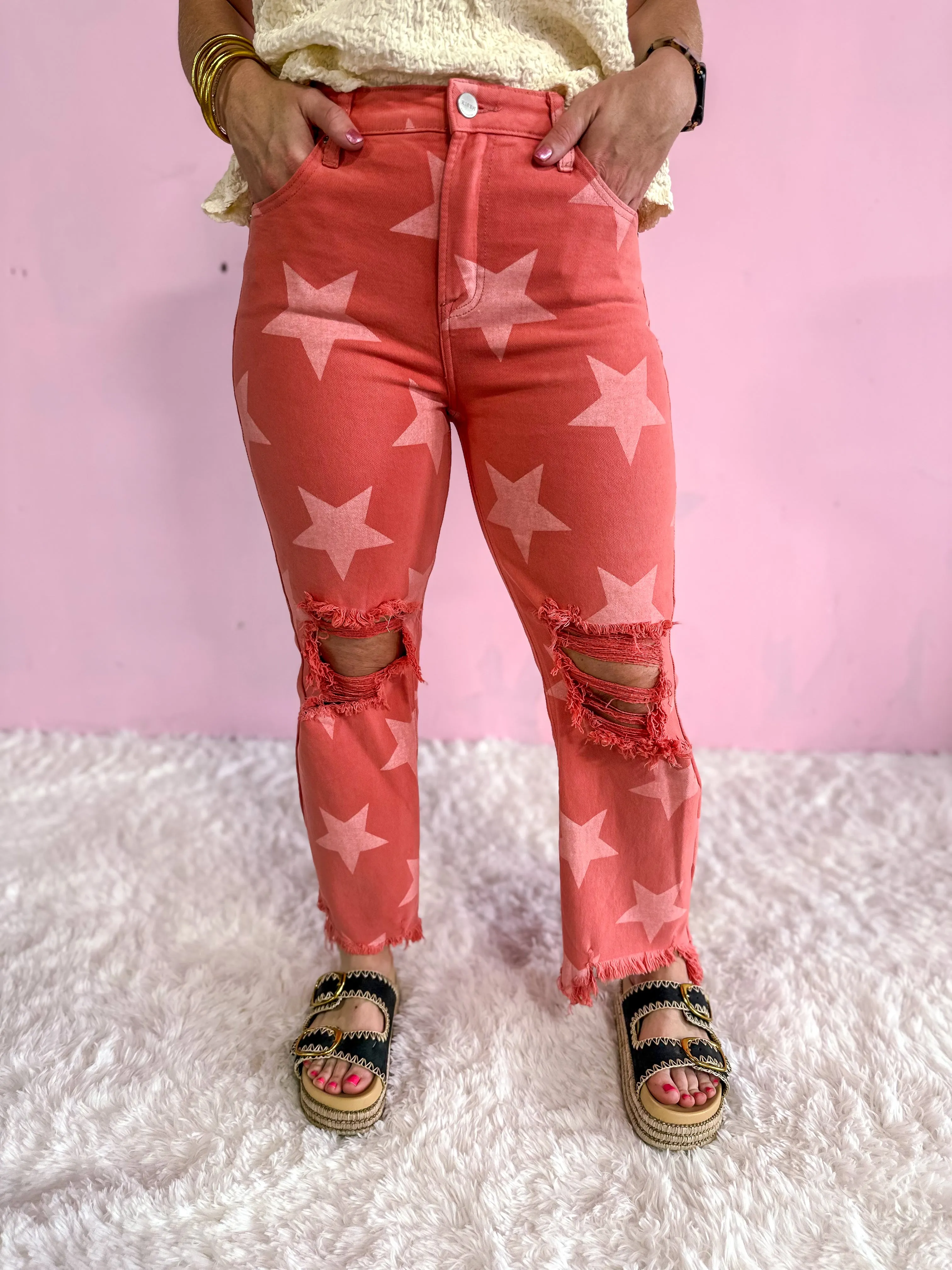 Star Bright Vintage Red High Rise Crop Denim