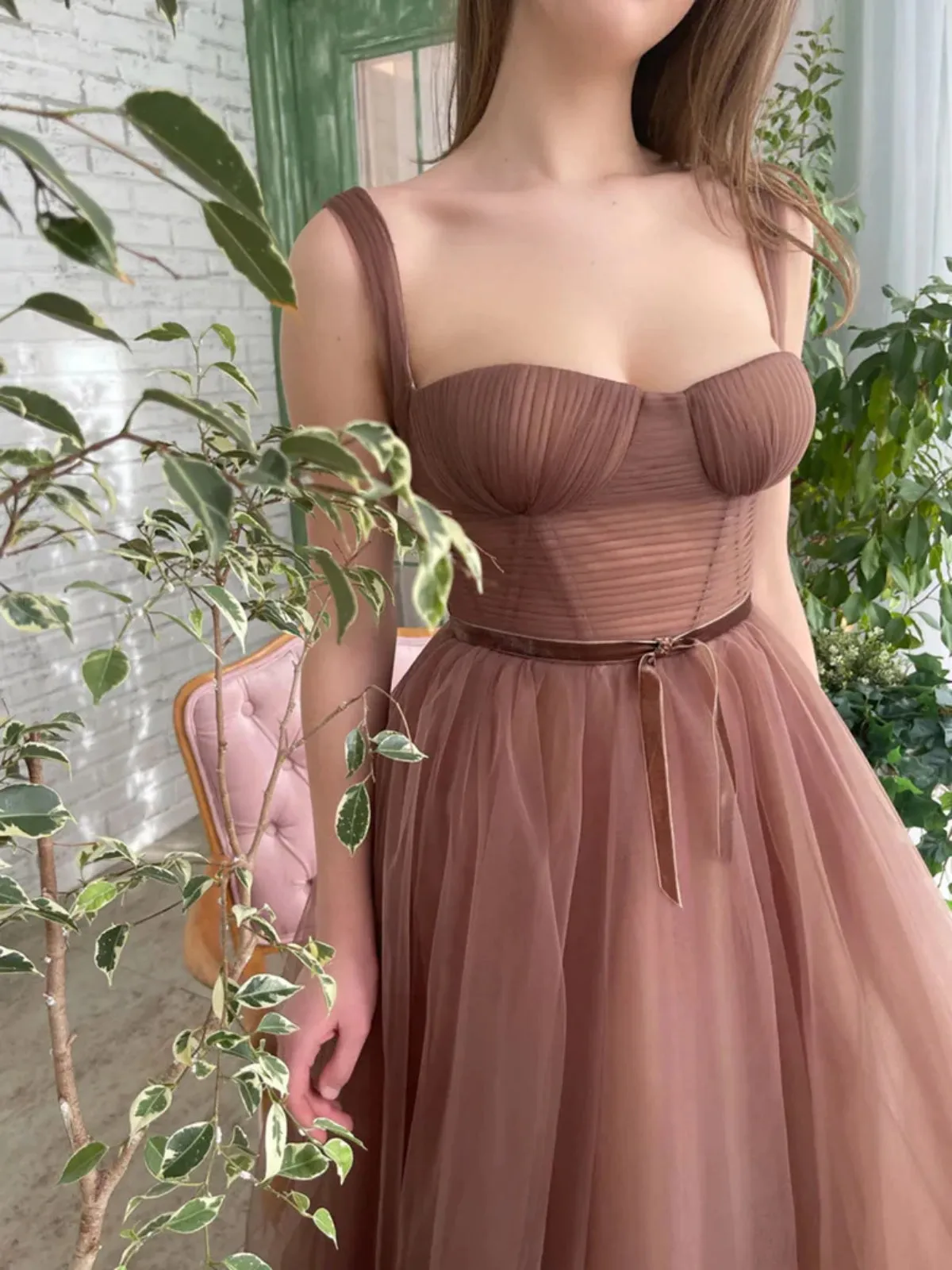 Tea Length Brown Tulle Prom Homecoming Dresses, Brown Formal Graduation Evening Dresses