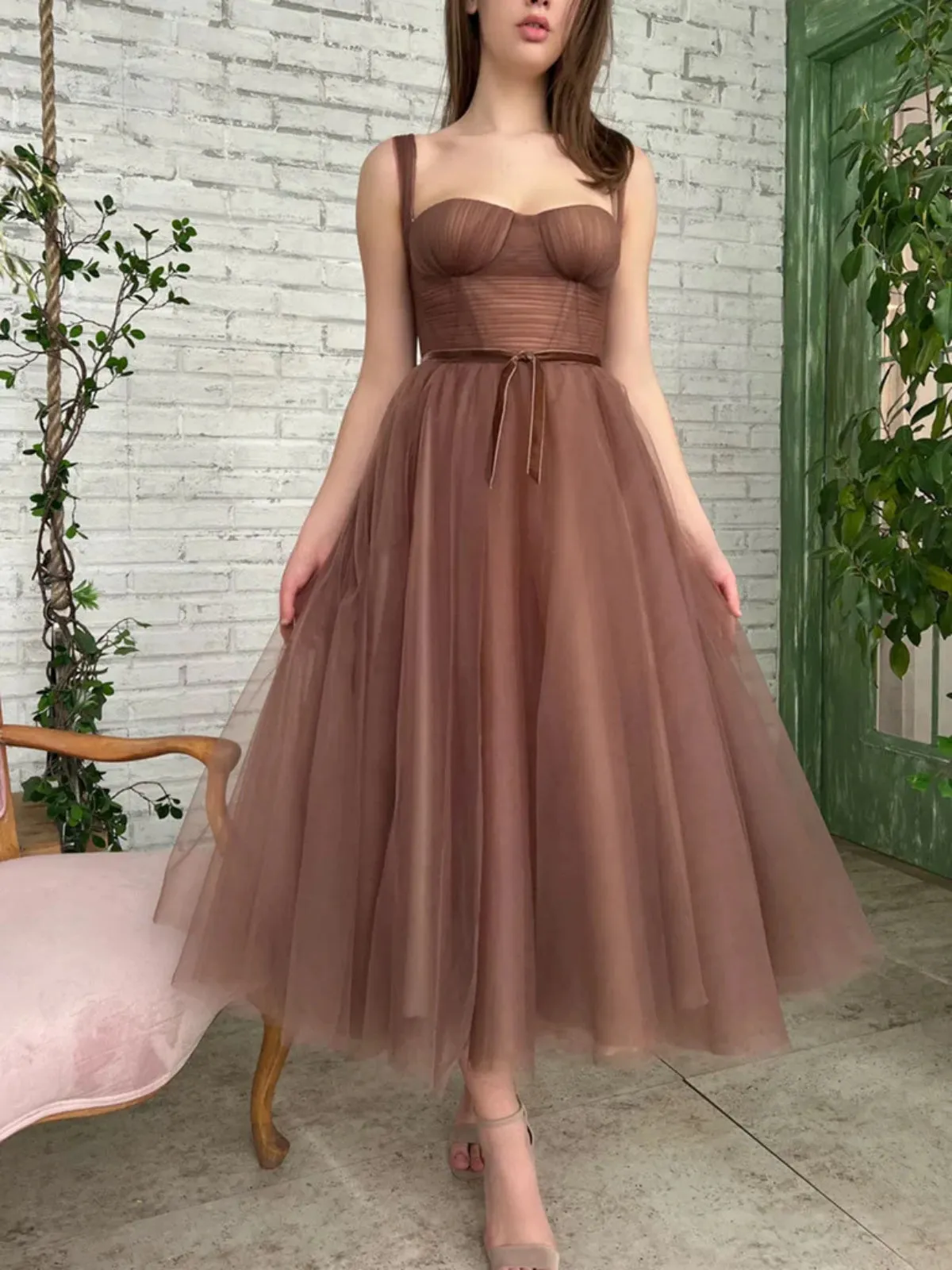 Tea Length Brown Tulle Prom Homecoming Dresses, Brown Formal Graduation Evening Dresses