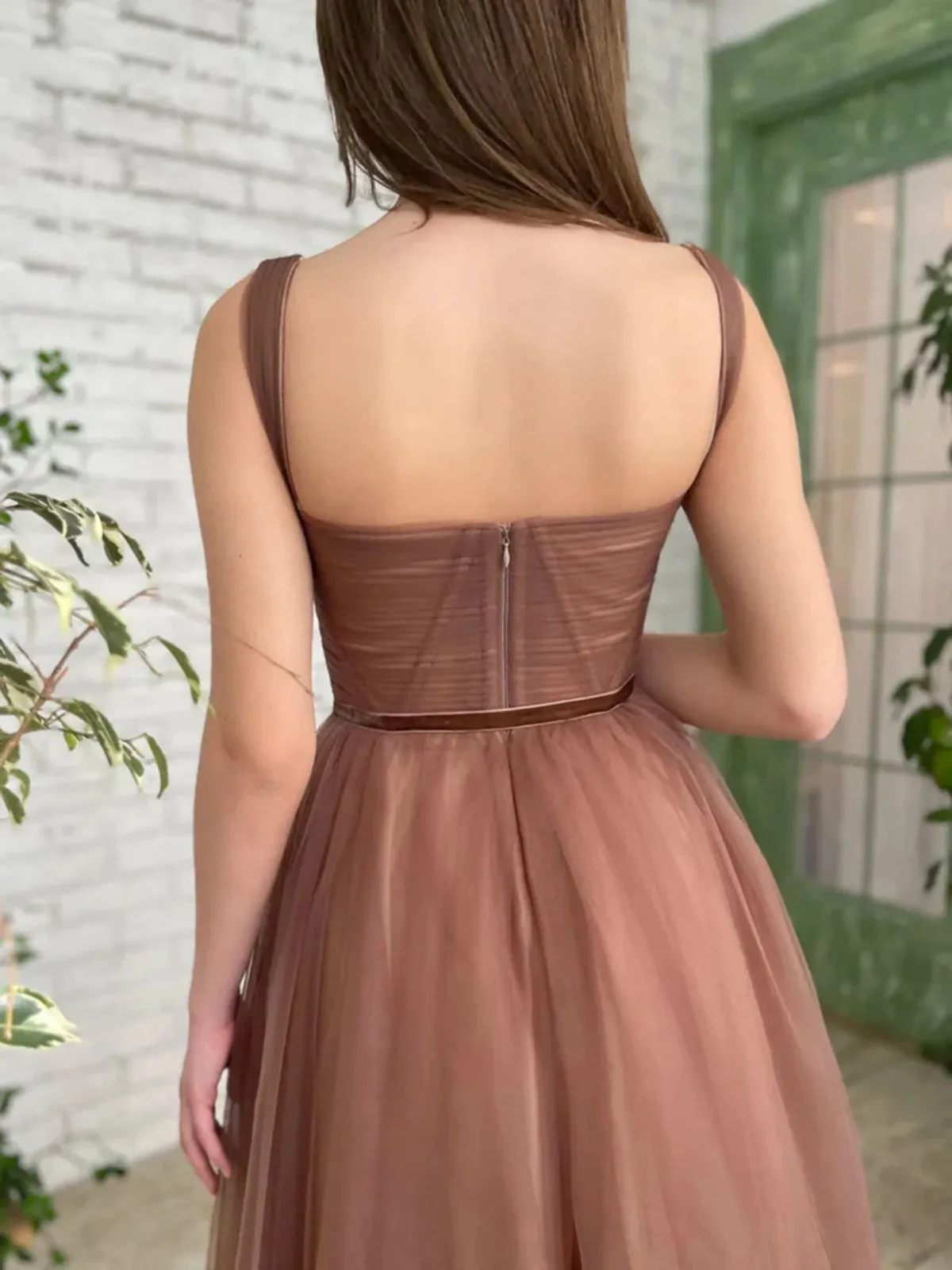 Tea Length Brown Tulle Prom Homecoming Dresses, Brown Formal Graduation Evening Dresses