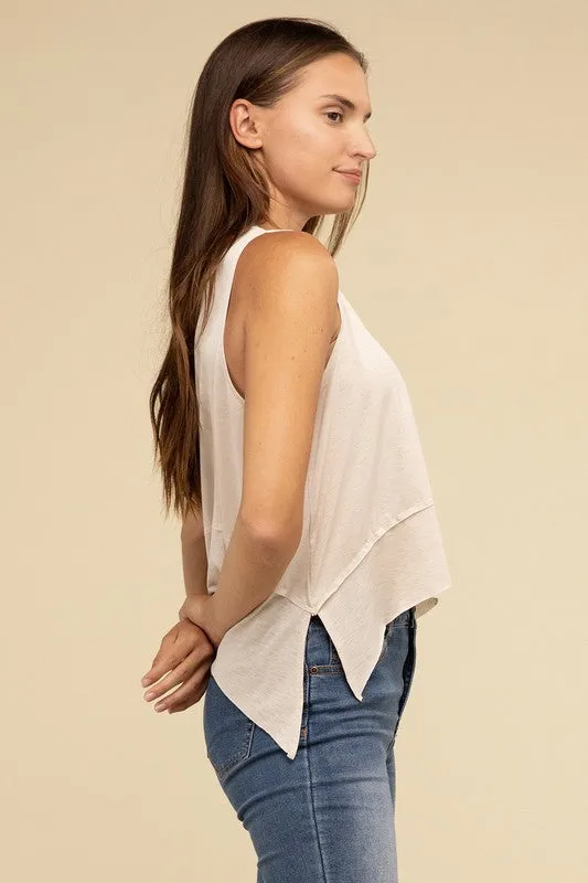 TEEK - Shark Bite Side Slit Short Sleeveless Top
