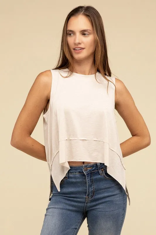TEEK - Shark Bite Side Slit Short Sleeveless Top