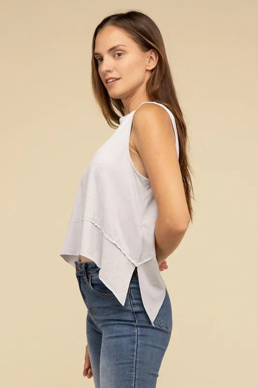 TEEK - Shark Bite Side Slit Short Sleeveless Top