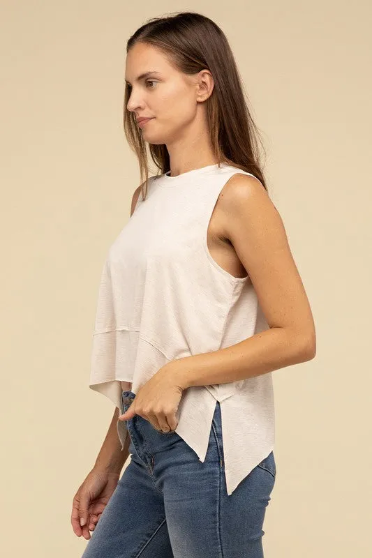 TEEK - Shark Bite Side Slit Short Sleeveless Top