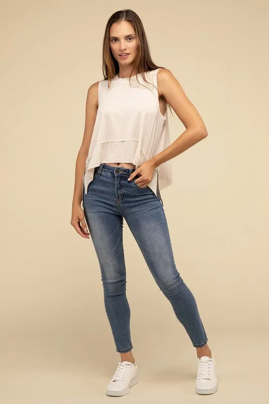 TEEK - Shark Bite Side Slit Short Sleeveless Top