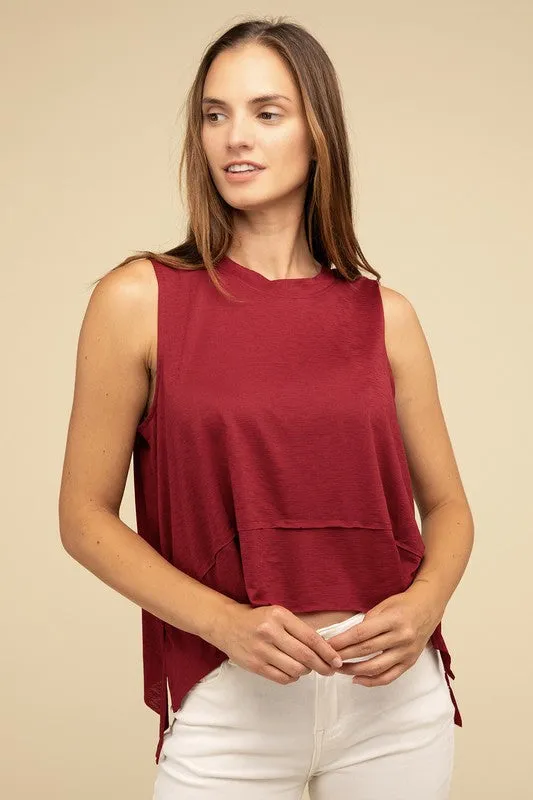 TEEK - Shark Bite Side Slit Short Sleeveless Top