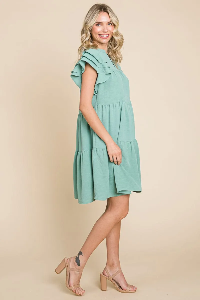 Tiered V Neck Ruffle Sleeve Dress- Plus Size Available