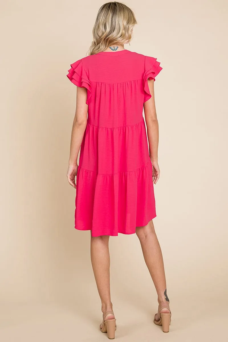 Tiered V Neck Ruffle Sleeve Dress- Plus Size Available