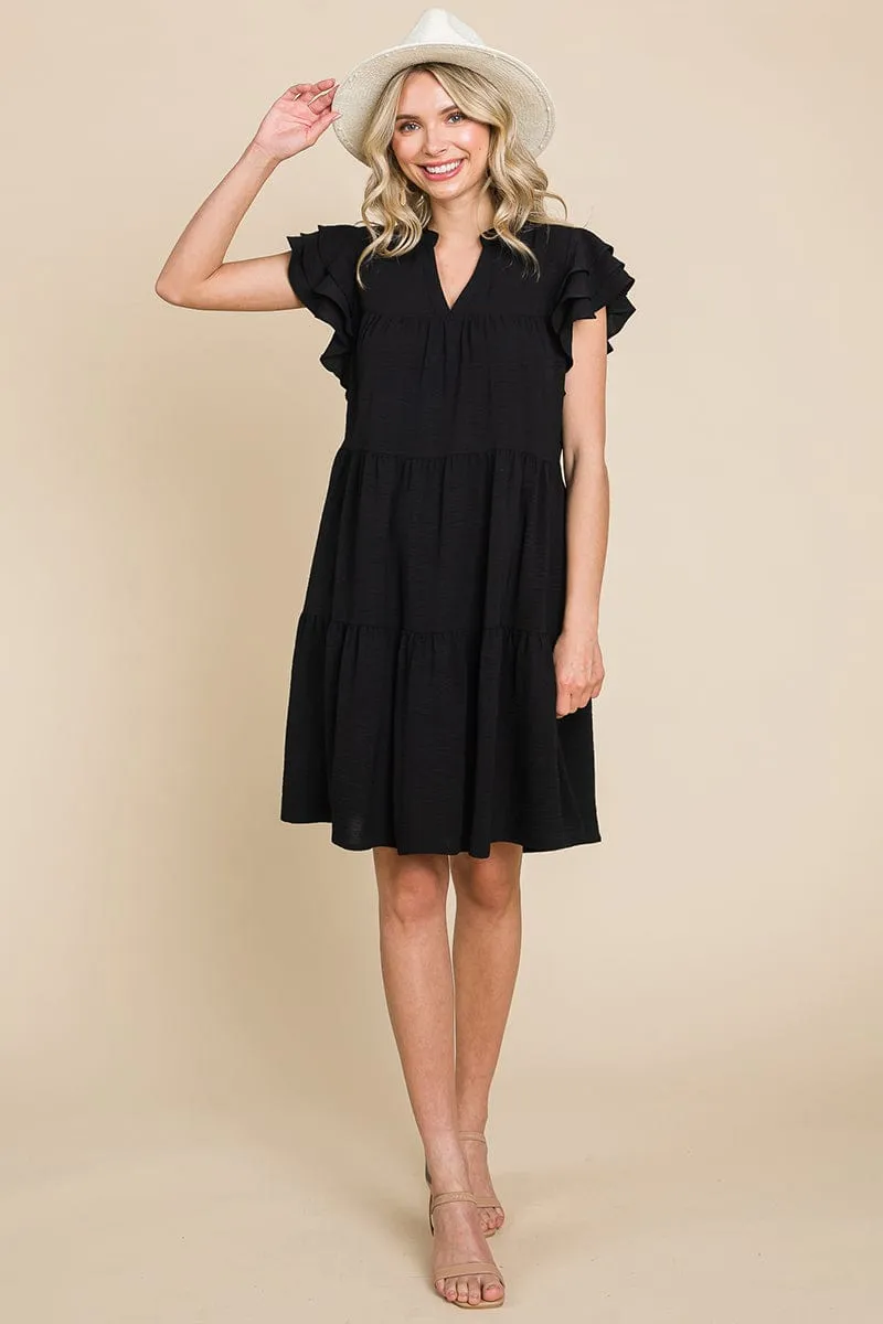 Tiered V Neck Ruffle Sleeve Dress- Plus Size Available