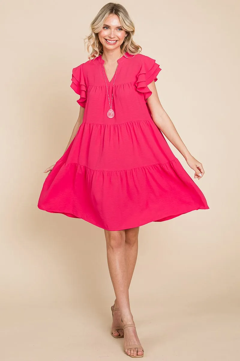 Tiered V Neck Ruffle Sleeve Dress- Plus Size Available