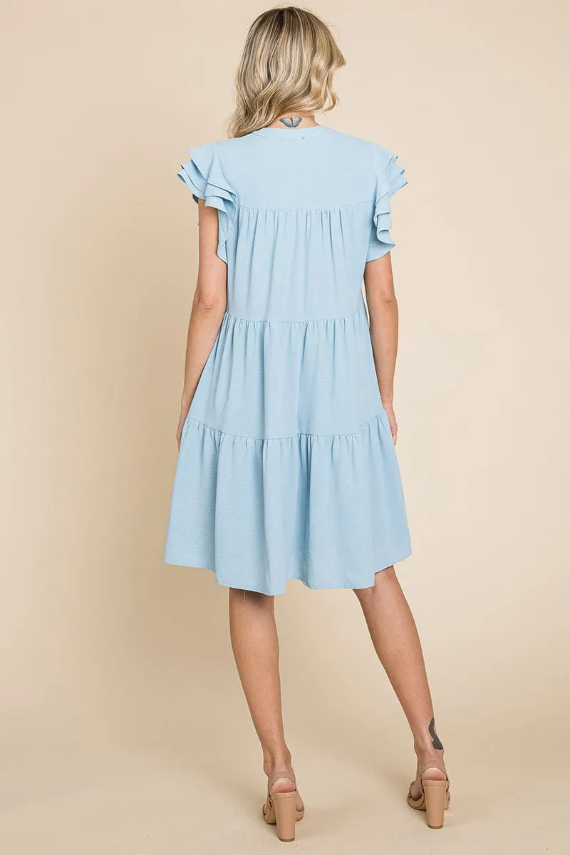 Tiered V Neck Ruffle Sleeve Dress- Plus Size Available