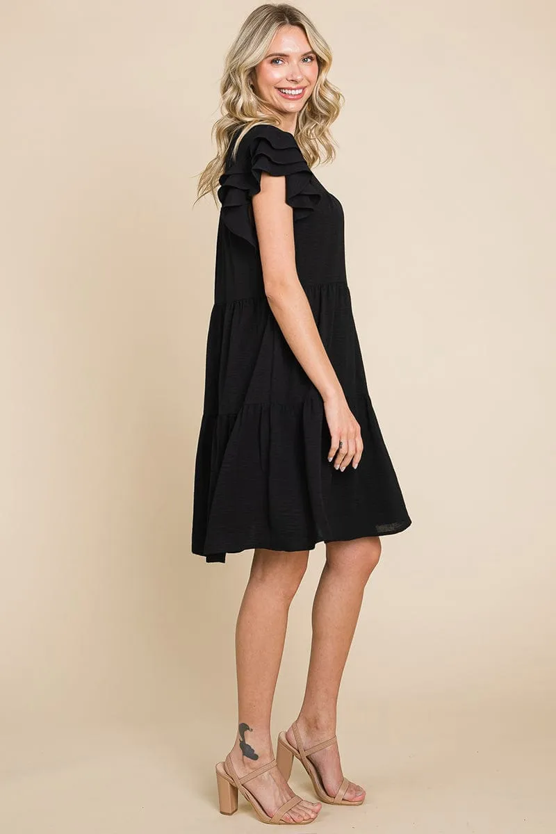 Tiered V Neck Ruffle Sleeve Dress- Plus Size Available