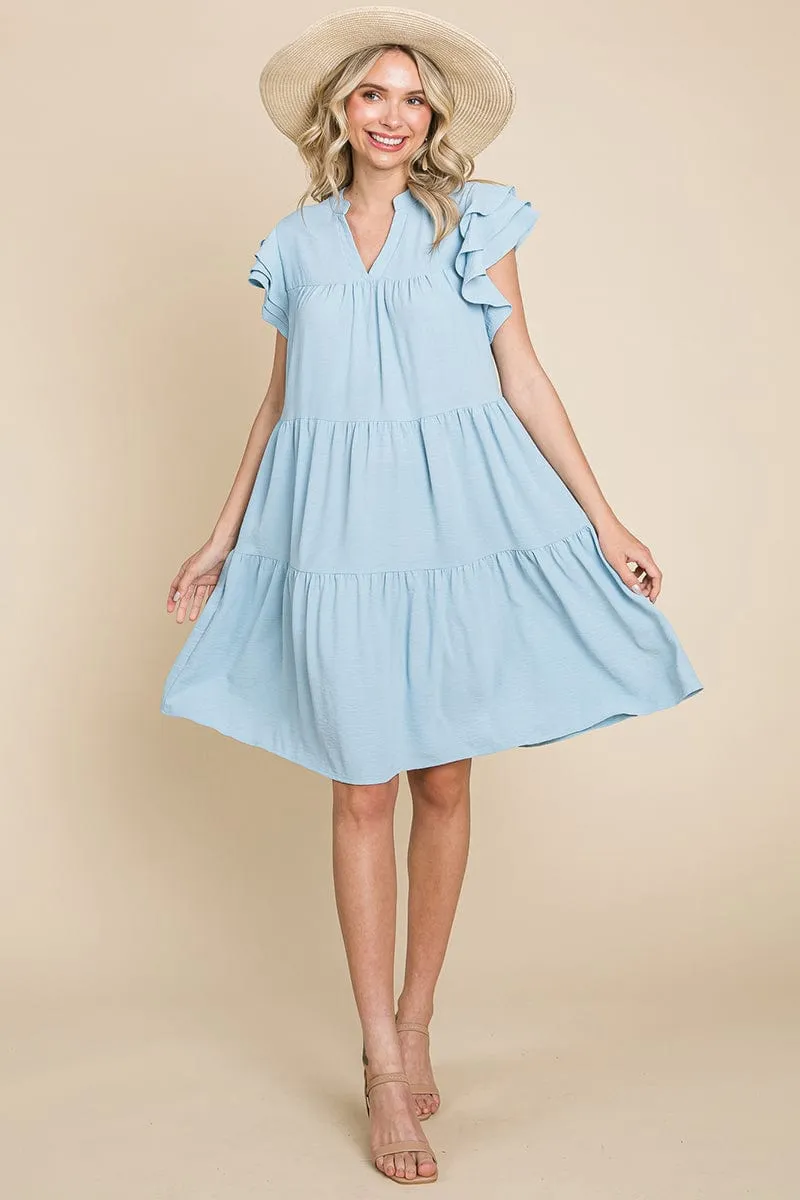 Tiered V Neck Ruffle Sleeve Dress- Plus Size Available