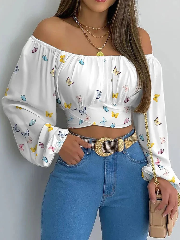 Trendy Lantern Long Sleeve Lace Up Bow Cropped Top