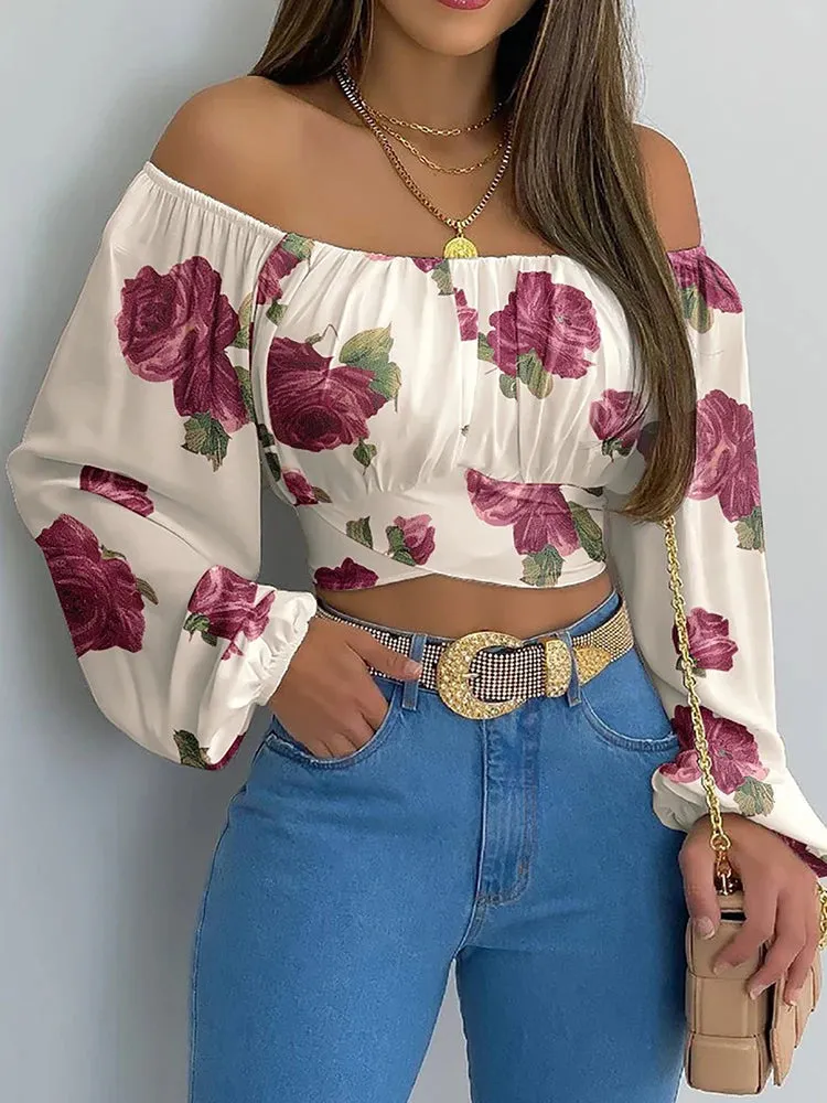 Trendy Lantern Long Sleeve Lace Up Bow Cropped Top