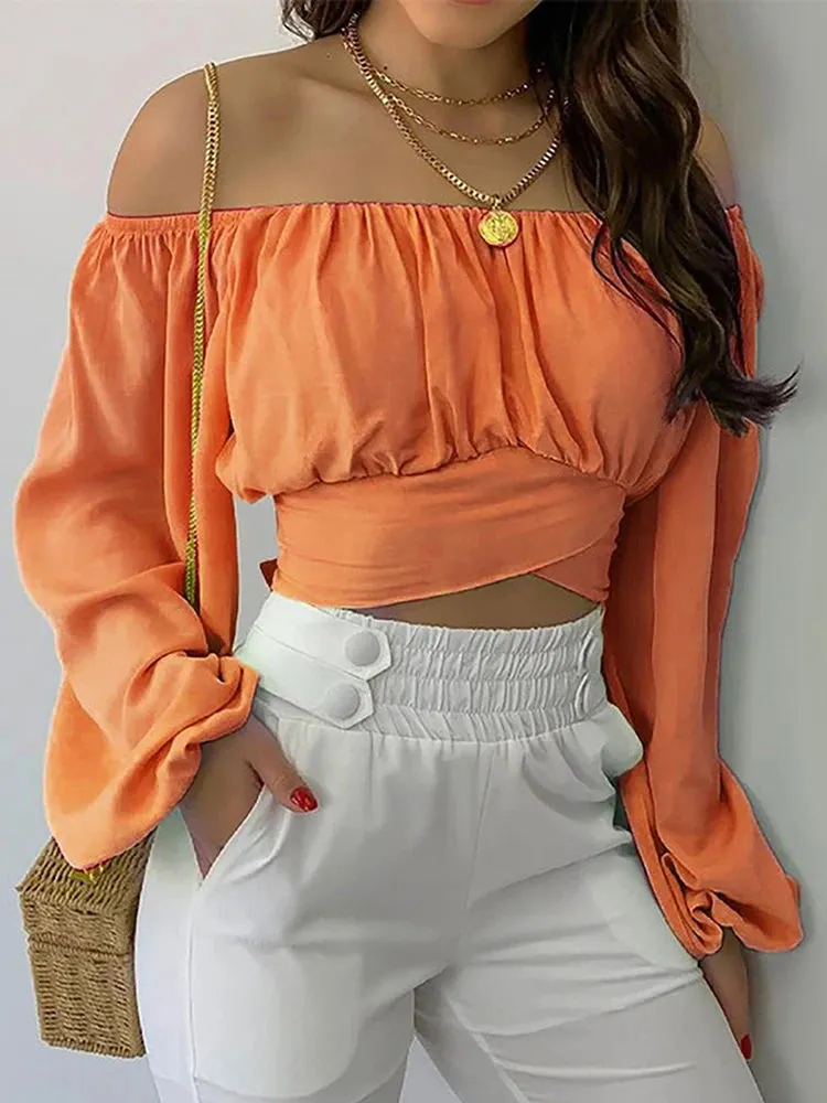 Trendy Lantern Long Sleeve Lace Up Bow Cropped Top