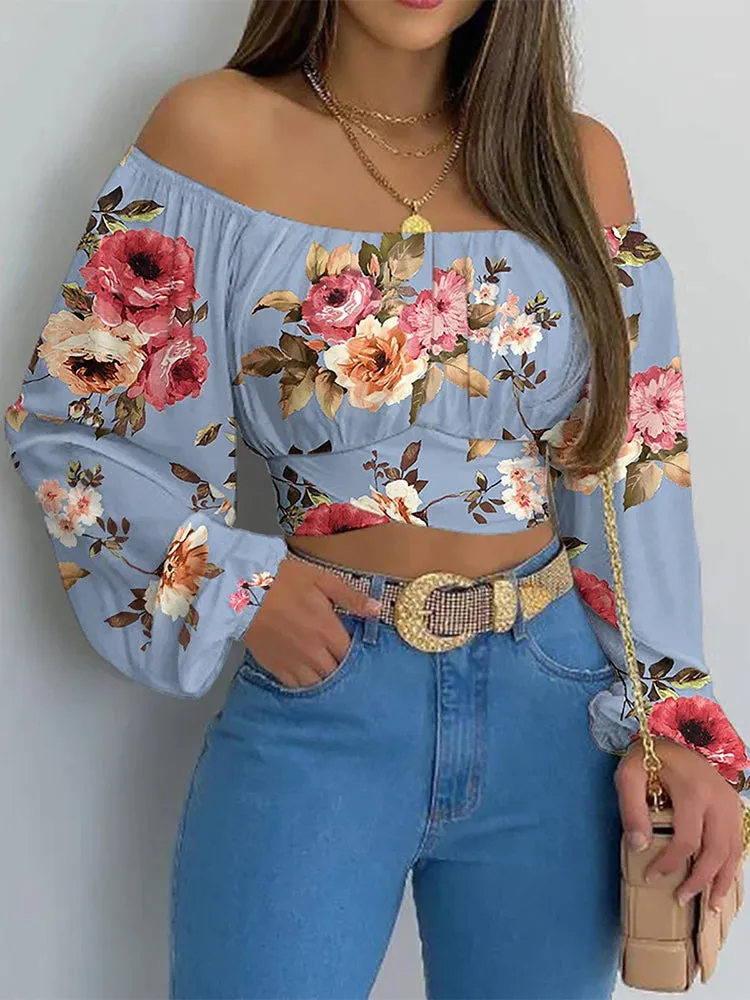 Trendy Lantern Long Sleeve Lace Up Bow Cropped Top