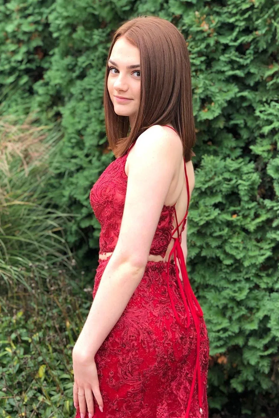 Two Pieces Mermaid Burgundy Lace Long Prom Dress, 2 Pieces Burgundy Formal Dress, Burgundy Lace Evening Dress