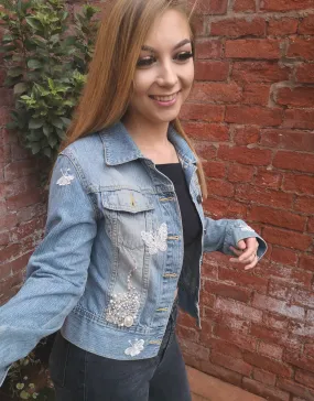 Up-cycled, blinged, boho, denim jacket, vintage pearls and lace, ladies size 10