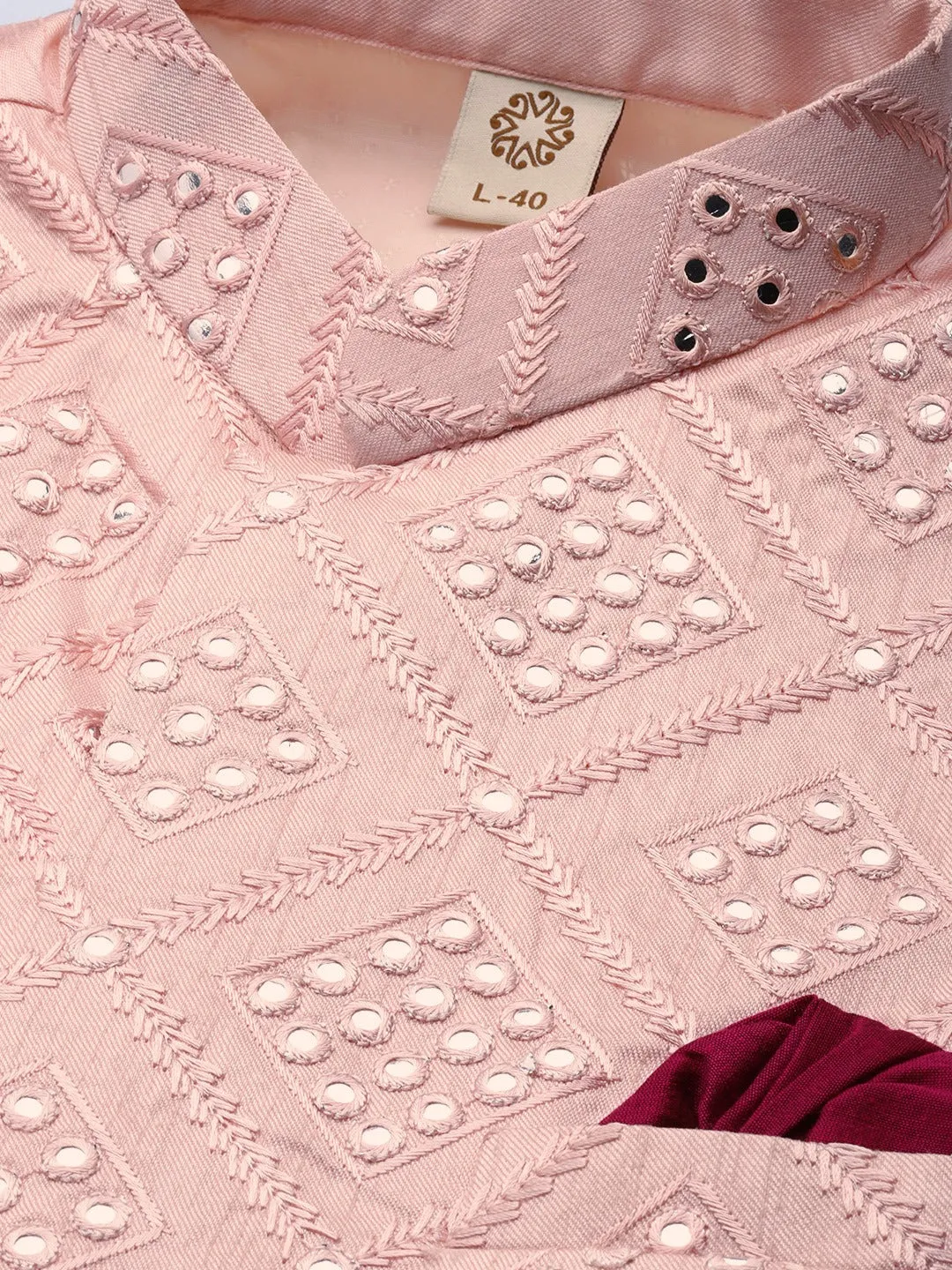 Vastramay Men's Fuchsia & Pink Solid Kurta with Churidar & Nehru Jacket