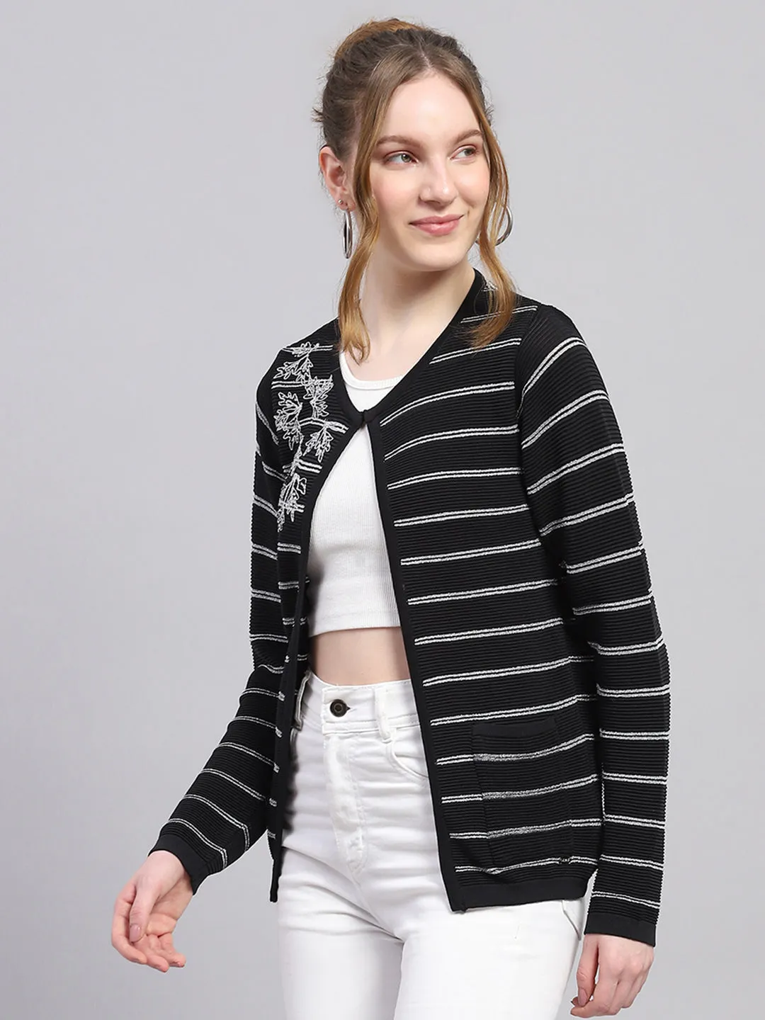 Women Black Stripe Round Neck Full Sleeve Cardigan