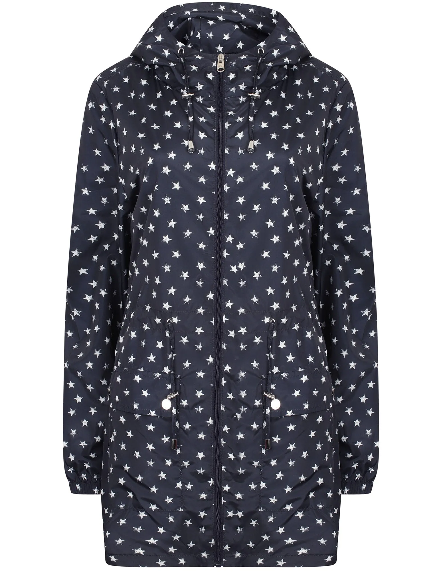 Womens Star Print Hooded Rain Coat In Peacoat Black - Tokyo Laundry